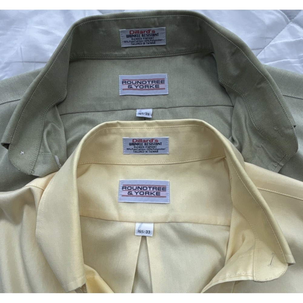 2 DILLARDS Roundtree & Yorke Men's 16.5 Green Yellow Cotton Button-Down Shirts
